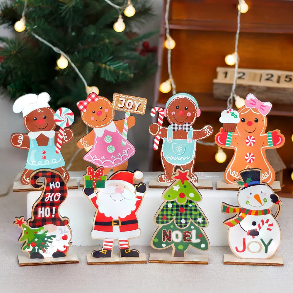 Christmas Tabletop Ornaments Wooden Gingerbread Man Santa Claus Snowman Gnome Festive Desktop Decoration Cartoon Style