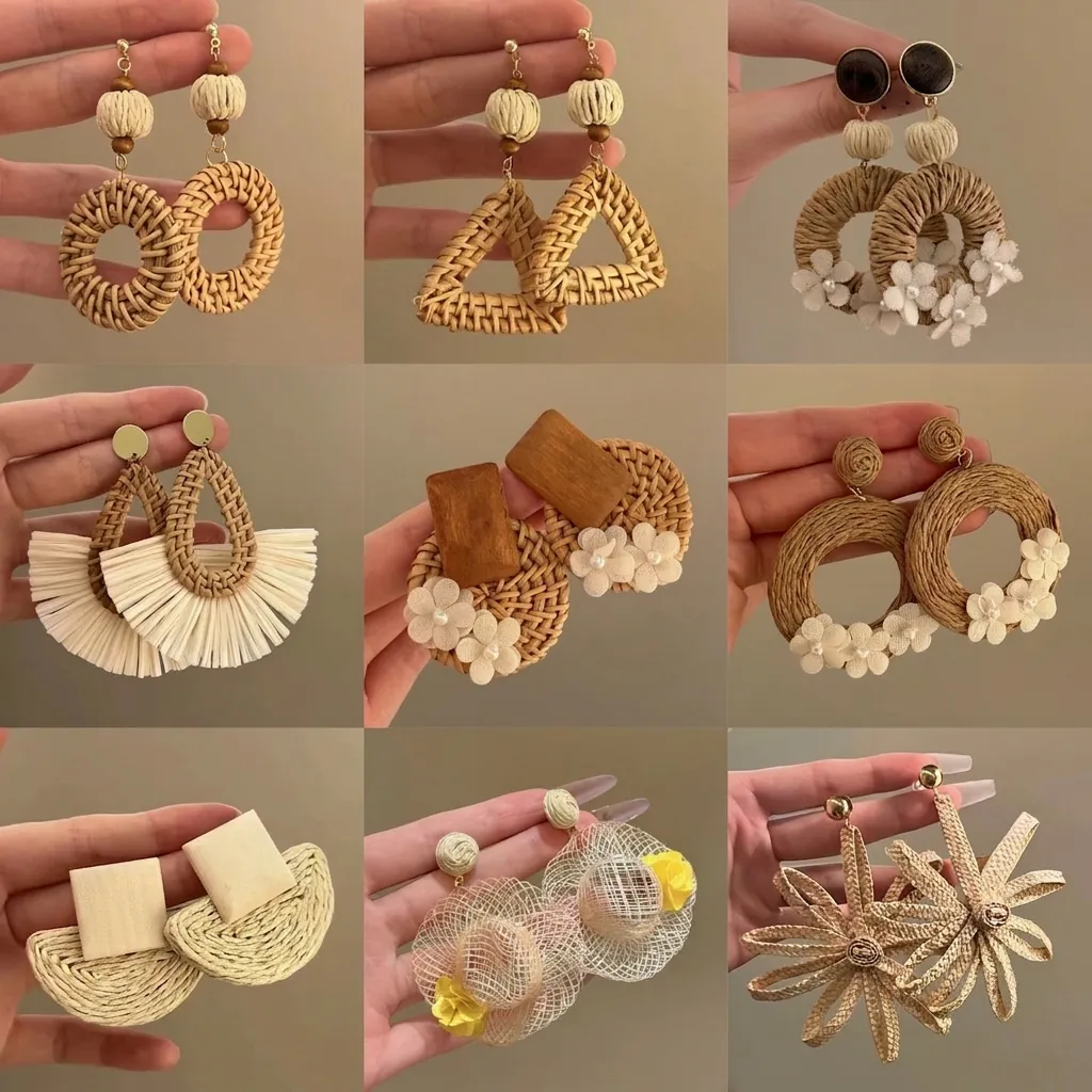 Boucles D'oreilles Pendantes En Rotin Tissé Avec Perles En Bois Fleur En Tissu Vintage Ethnique Bijoux De Plage Femmes
