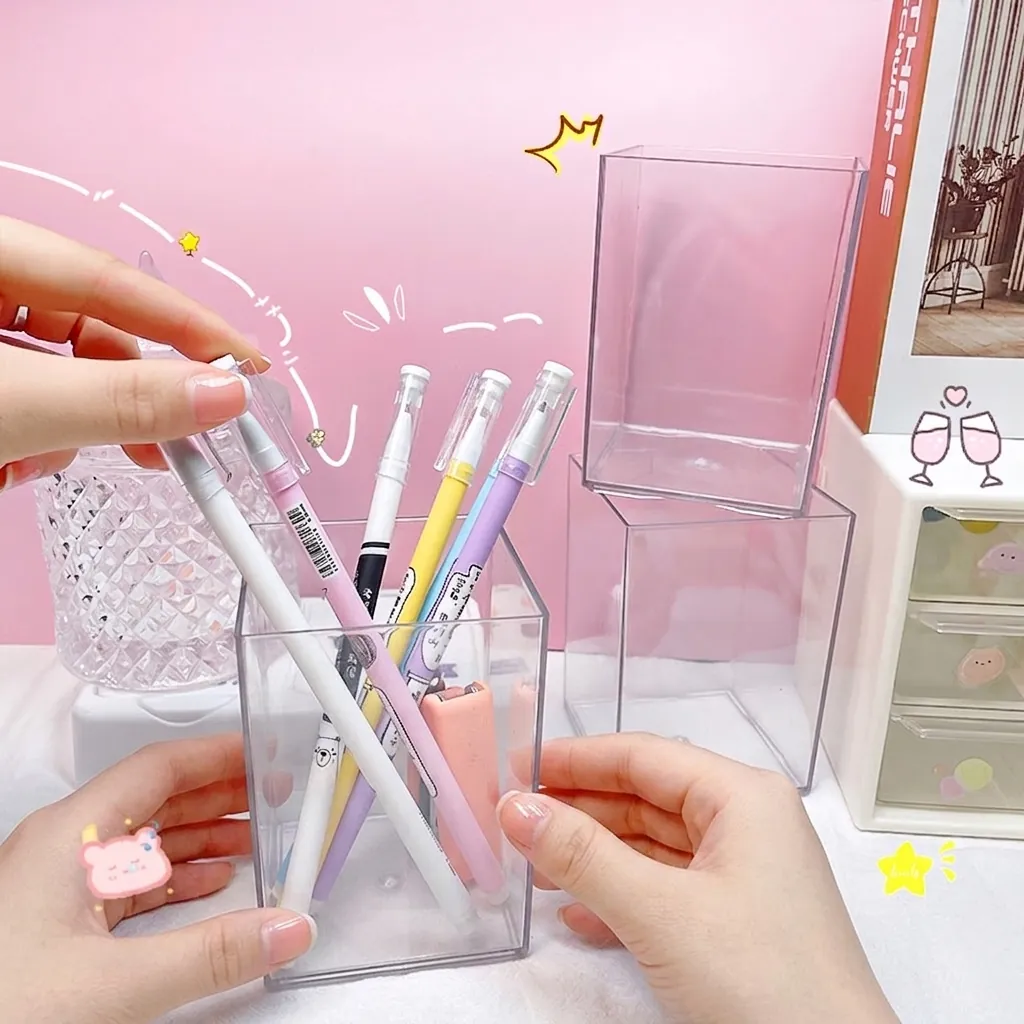 Transparent Acrylic Pen Holder Desktop Organizer Minimalist Square Stationery Storage Box For Office School Students