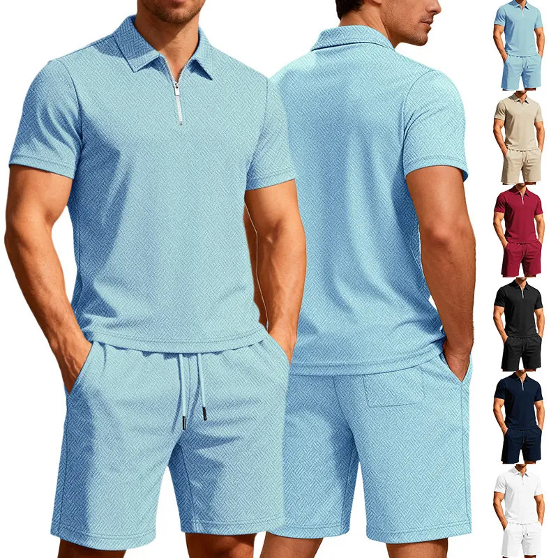 Polo In Maglia Strutturata Da Uomo E Pantaloncini Estivi Collo Con Cerniera Manica Corta Jacquard Sport Tempo Libero