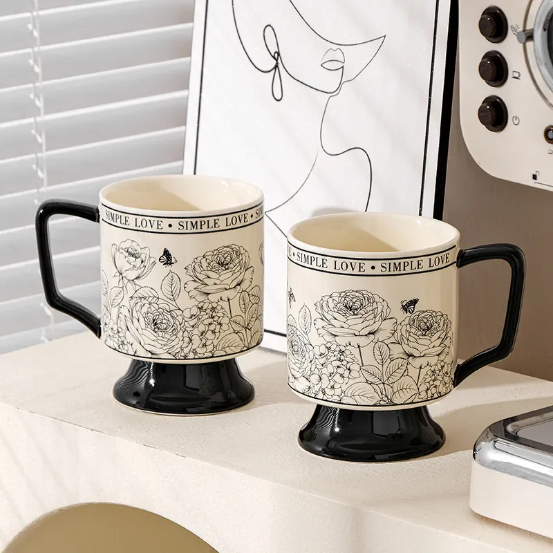 Vintage Ceramic Pedestal Mug Rose Floral Pattern Retro Goblet Coffee Cup High Temperature Resistant Elegant Drinkware