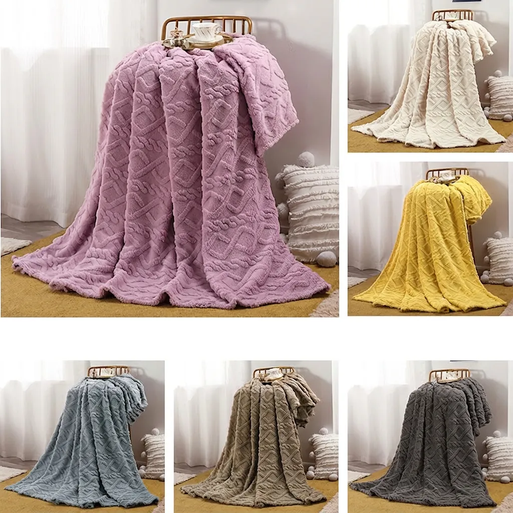 Flannel Fleece Blanket Polyester 3D Embossed Geometric Rhombus Pattern Thick Warm Soft Plush Sofa Bed Travel Luxurious