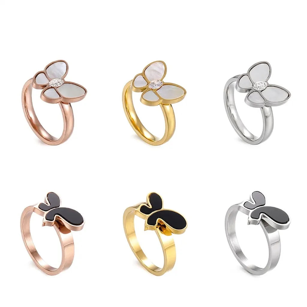 Schmetterling Ring Edelstahl Perlmutt Schwarz Emaille Strass Elegant Süßer Modeschmuck Für Damen