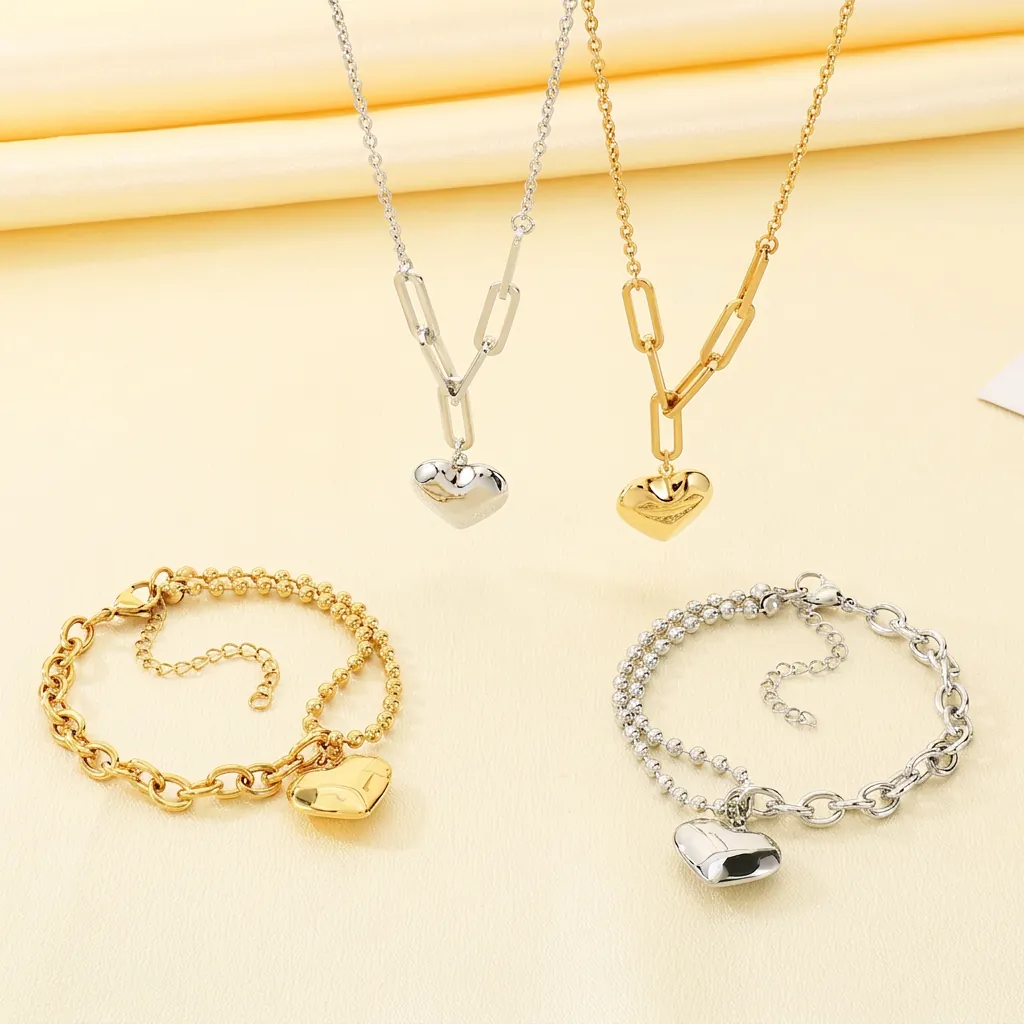 Edelstahl Herzanhänger Halskette Und Armband 18K Vergoldet Gemischte Kette Modeschmuck Für Frauen