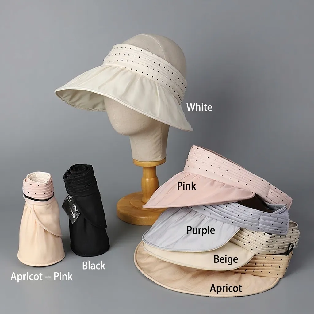 Women Topless Sun Hat Wide Brim UV Protection Foldable Portable Polka Dot Polyester Breathable Summer Beach Visor