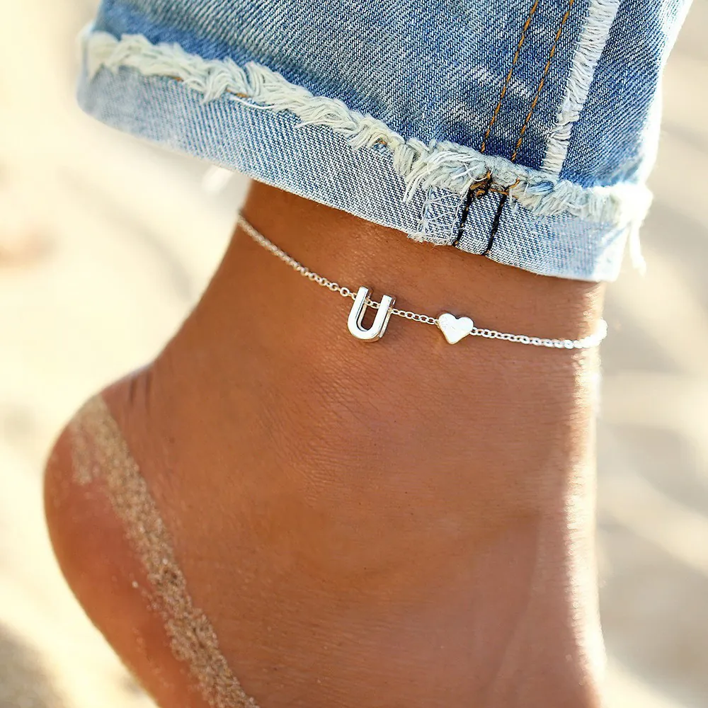 Stainless Steel Heart Initial Alphabet Anklet For Women Gold Rose Gold Silver Color Letter Charm Summer Beach Foot Jewelry
