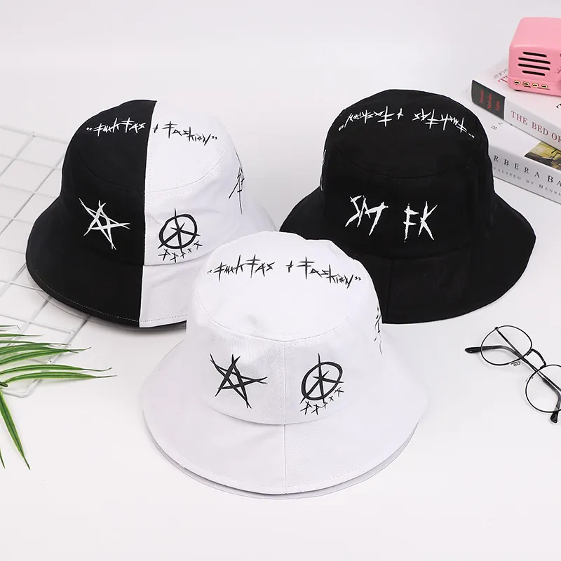 Fashion Streetwear Graffiti Cotton Bucket Hat For Men Women Casual Patchwork Printed Sun Protection Hip Hop Fisherman Hat