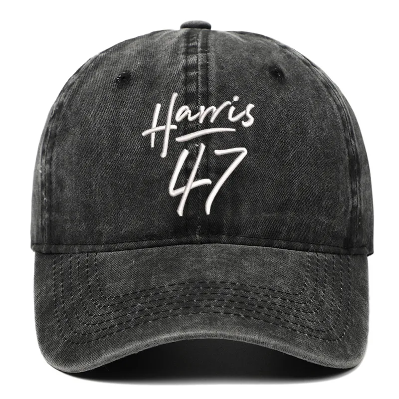 Harris 47 Baseball Cap Washed Cotton Embroidered Letter Vintage Distressed Adjustable Retro Sun Hat Unisex