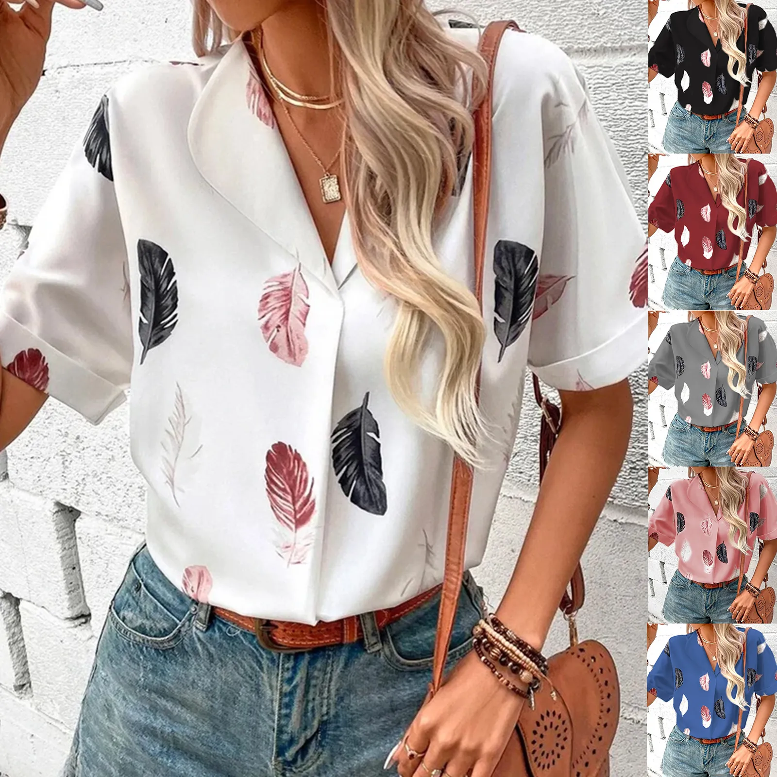 Women Lapel Feather Print Short Sleeve Shirt Loose Fit Polyester Summer Casual Blouse Top Lightweight Fashionable Beach Vacation Streetwear
