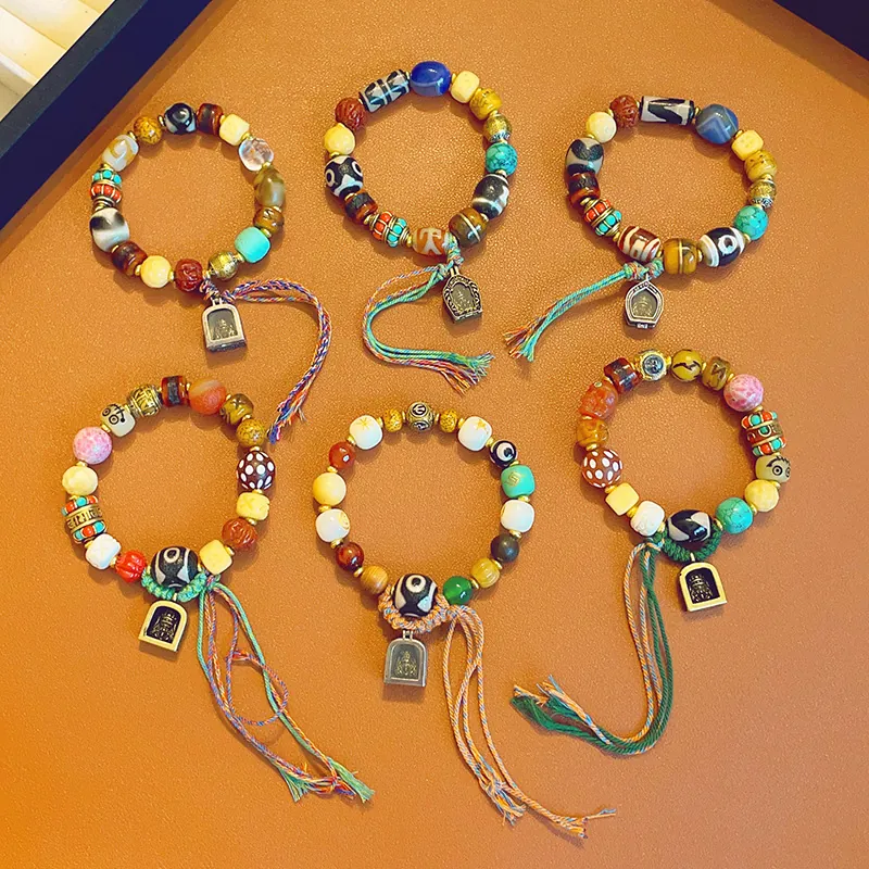 Ethnic Retro Beaded Bracelet With Dzi Bead Agate Crystal Wood And Alloy Charms Vintage Hand-woven Cord Jewelry