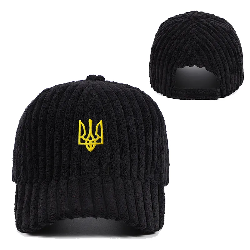 Corduroy Baseball Cap Trident Embroidered Ukrainian Emblem Adjustable Warm Outdoor Casual Hat