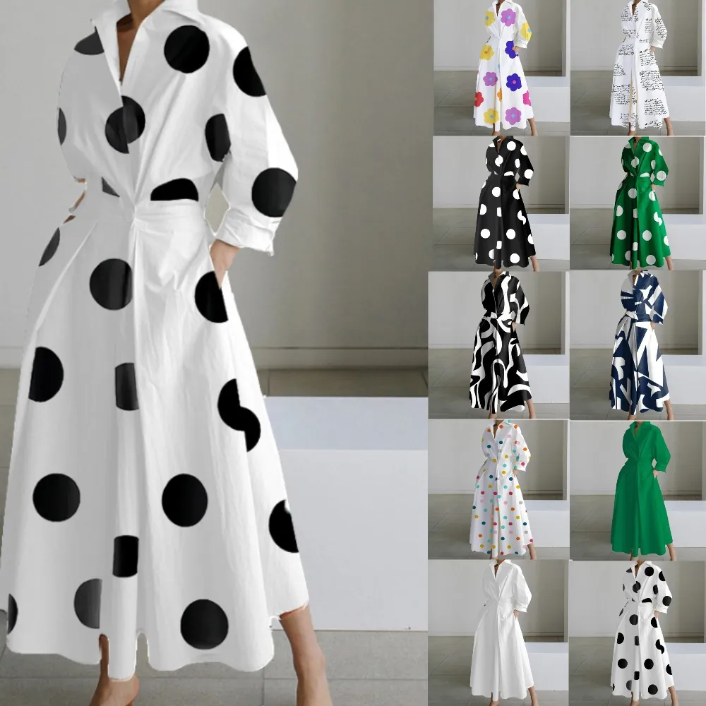 Women Long Sleeve Polo Collar Maxi Dress Polyester Elastic Waist Large Swing Shirt Dress For Casual Office Elegant Style
