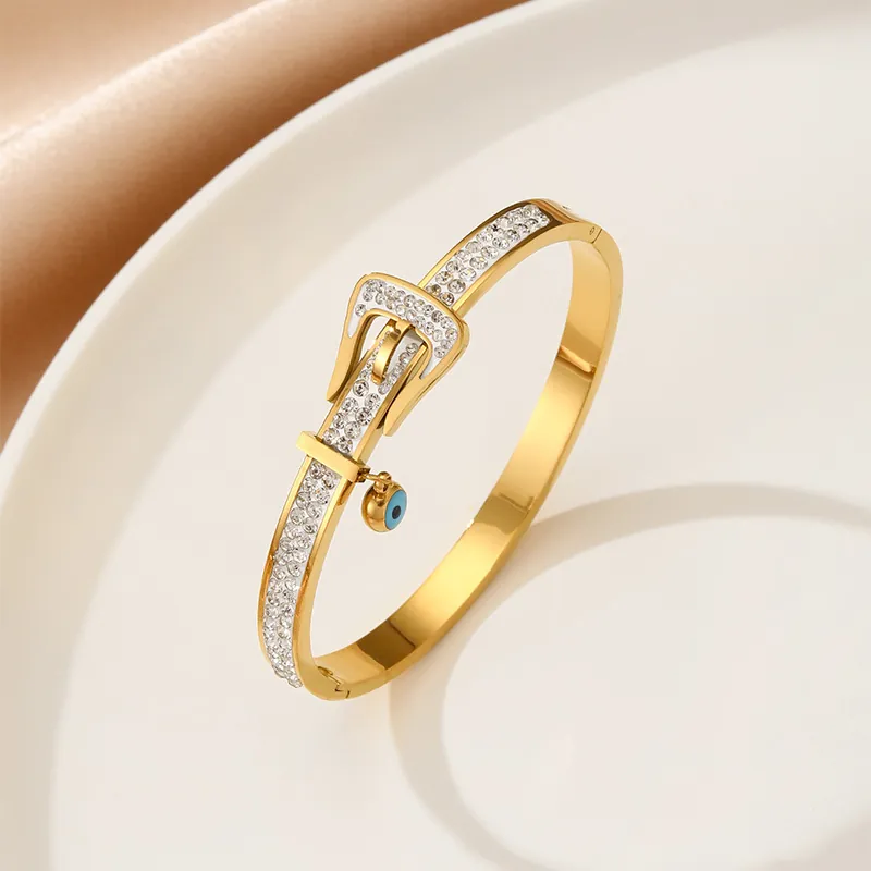 Vintage Titanium Steel Belt Buckle Bracelet For Women Gold Plated Rhinestone Inlaid Evil Eye Pendant Bangle Light Luxury Jewelry