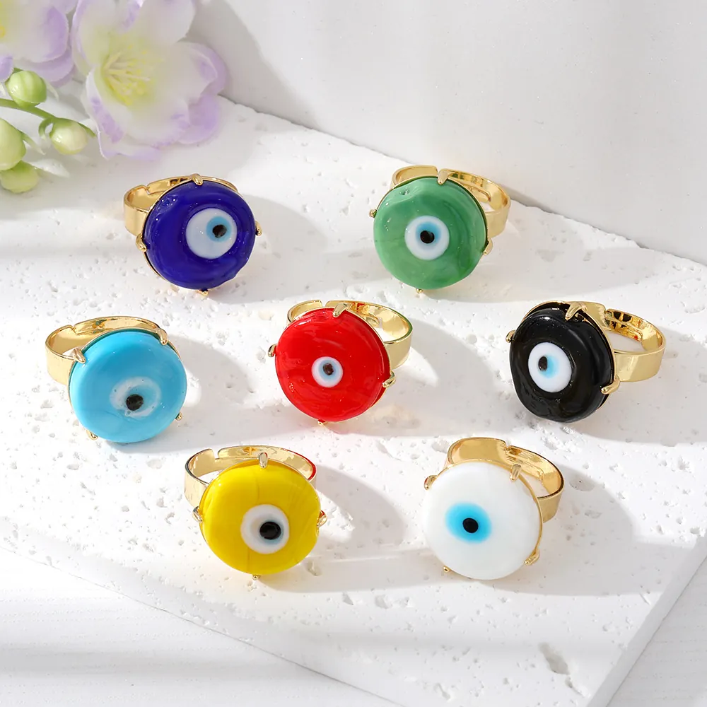 Anello Occhio Del Male Rame Placcato Oro Vetro Lampwork Regolabile Aperto Gioielli Bohémien Vintage Per Donne Uomini