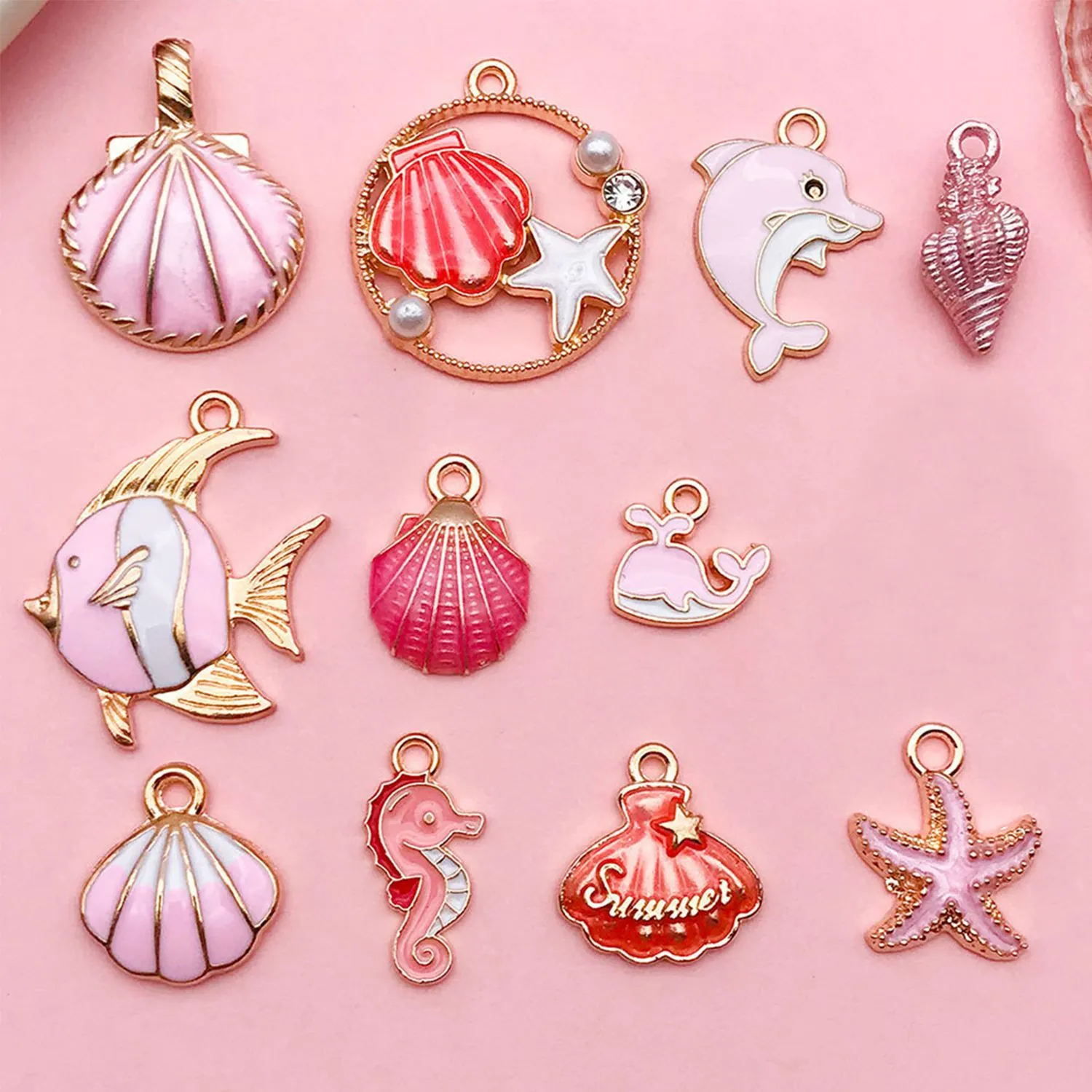 Ocean Theme Pendants Pink Enamel Drip Oil Alloy Shell Starfish For DIY Jewelry Making Necklaces Bracelets