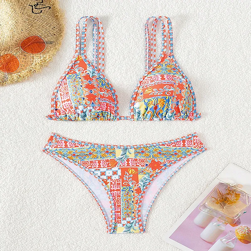 Women Bikini Triangle Top And Bottom Floral Print Padded Swimsuit Bohemian Beachwear Vintage Exotic Style