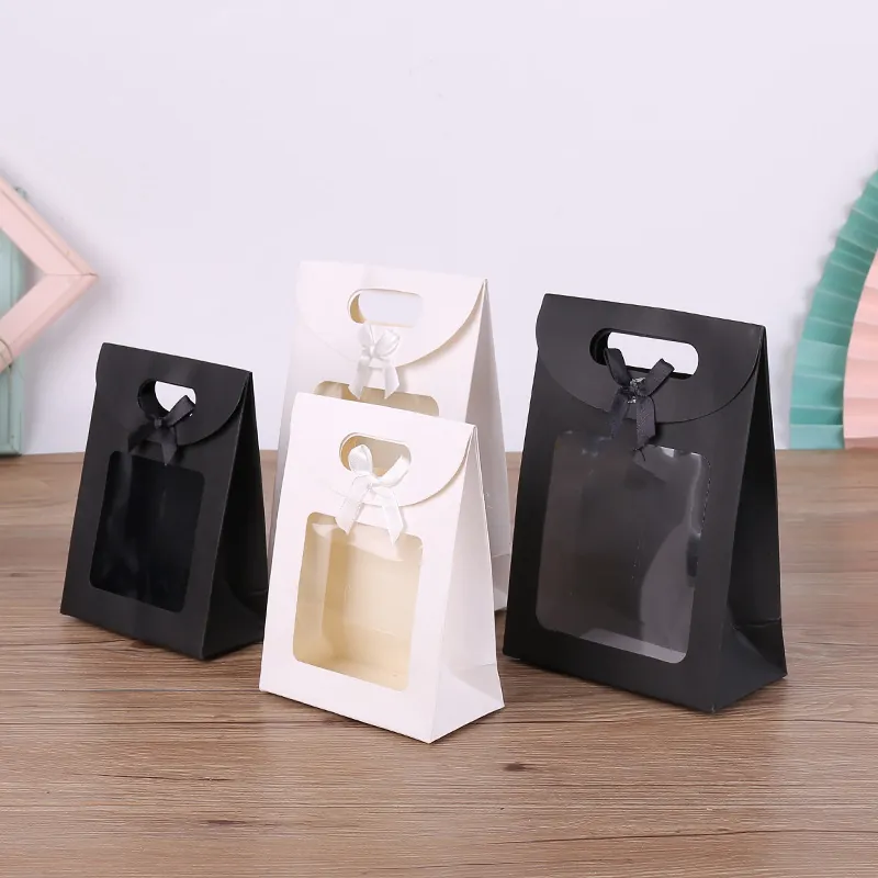 Gift Paper Bags With Clear Window Ribbon Bow Handle Packaging Pouch For Wedding Birthday Party Favors