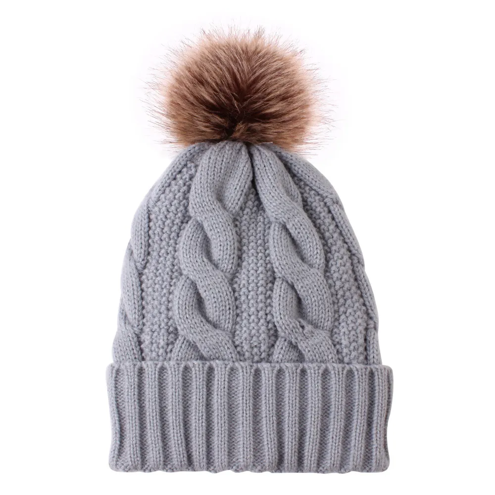 Women Winter Beanie Hat Cable Knit Fleece Lined With Faux Fur Pom Pom Warm Windproof Thick Acrylic Outdoor Casual