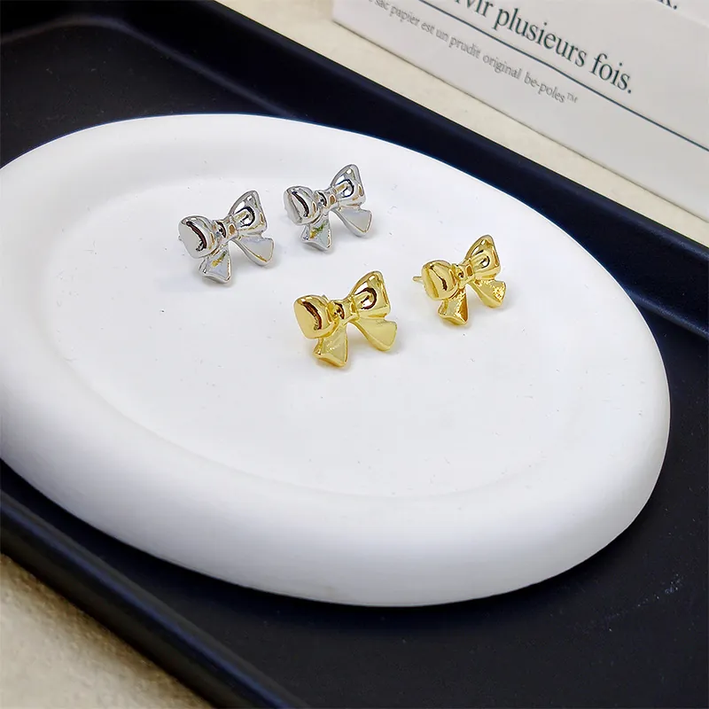 Korean Style Light Luxury Bow Stud Earrings Elegant Alloy Jewelry Gold Silver Color Butterfly Ear Jewelry For Women