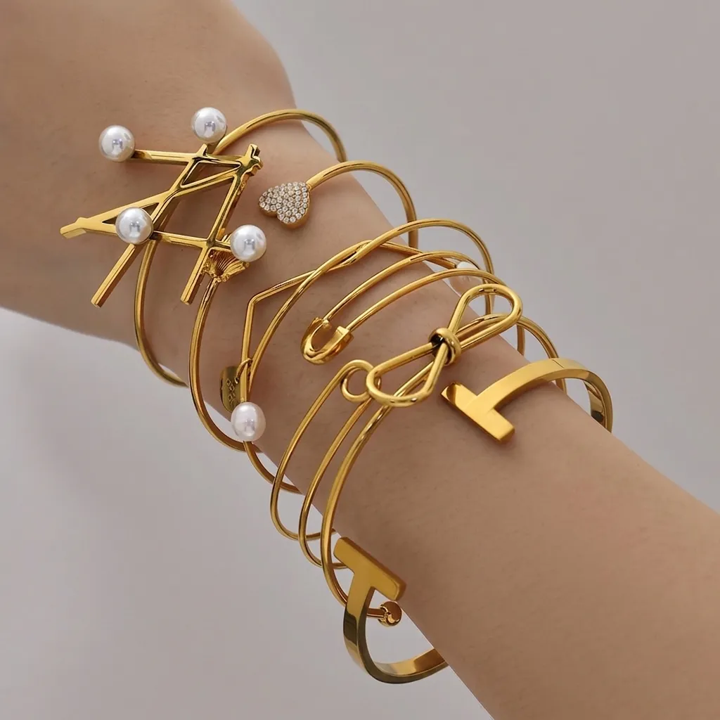 Minimalist Stainless Steel Geometric Open Bracelet For Women Gold Silver Electroplated Rhinestone Artificial Pearl Bow Bangle Fashion Jewelry