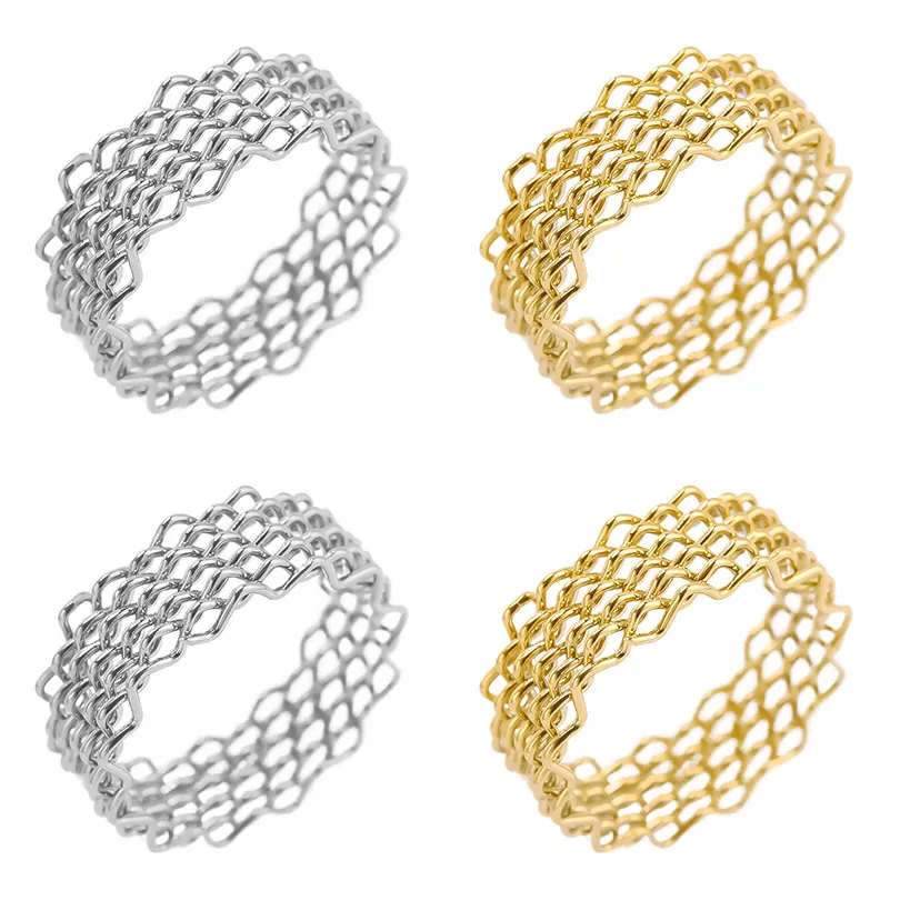 Stainless Steel Mesh Ring Woven Hollow Geometric Minimalist Band Jewelry For Women Men