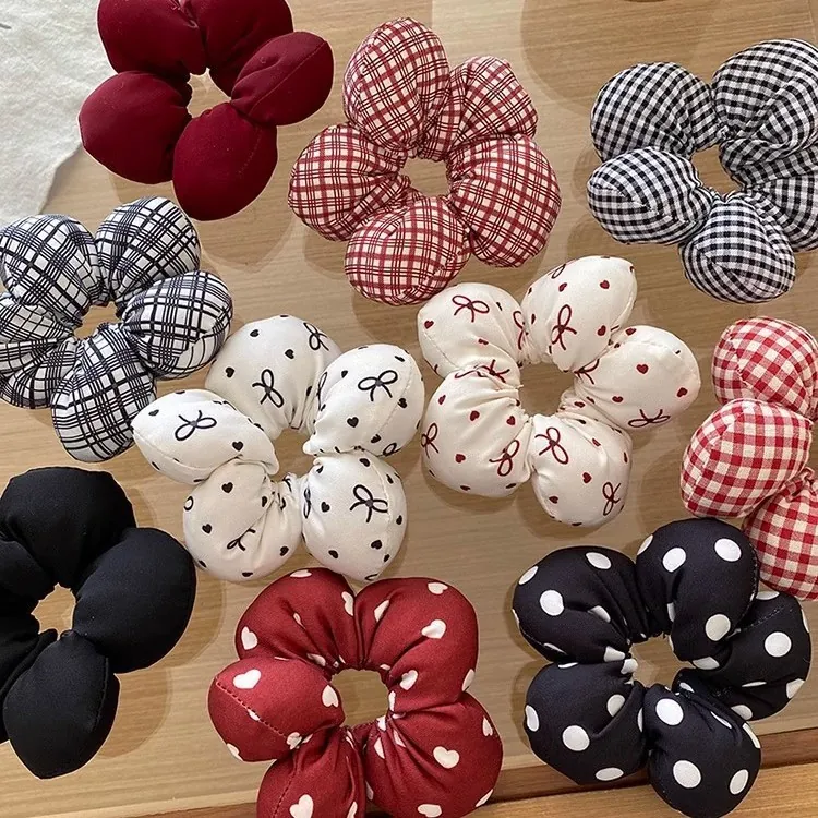 Flower Shape Scrunchies Fabric Puffy Hair Ties Plaid Heart Bow Print Ponytail Holder Bun Maker Sweet Style For Women Girls