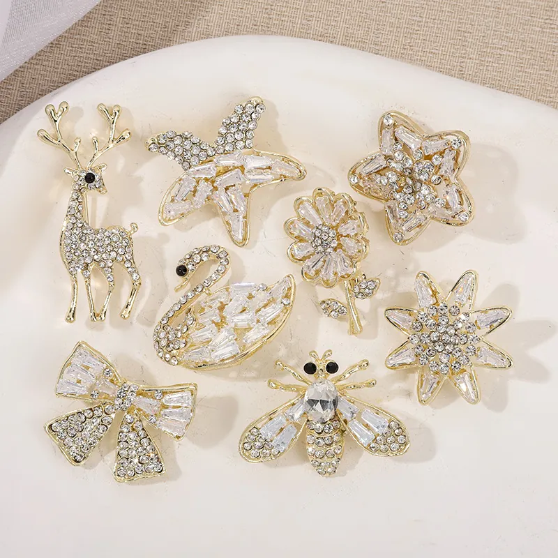 Elegant Brooches Gold Plated Alloy With Zircon Rhinestone Animal Flower Star Shapes Fashionable Dress Decor For Women