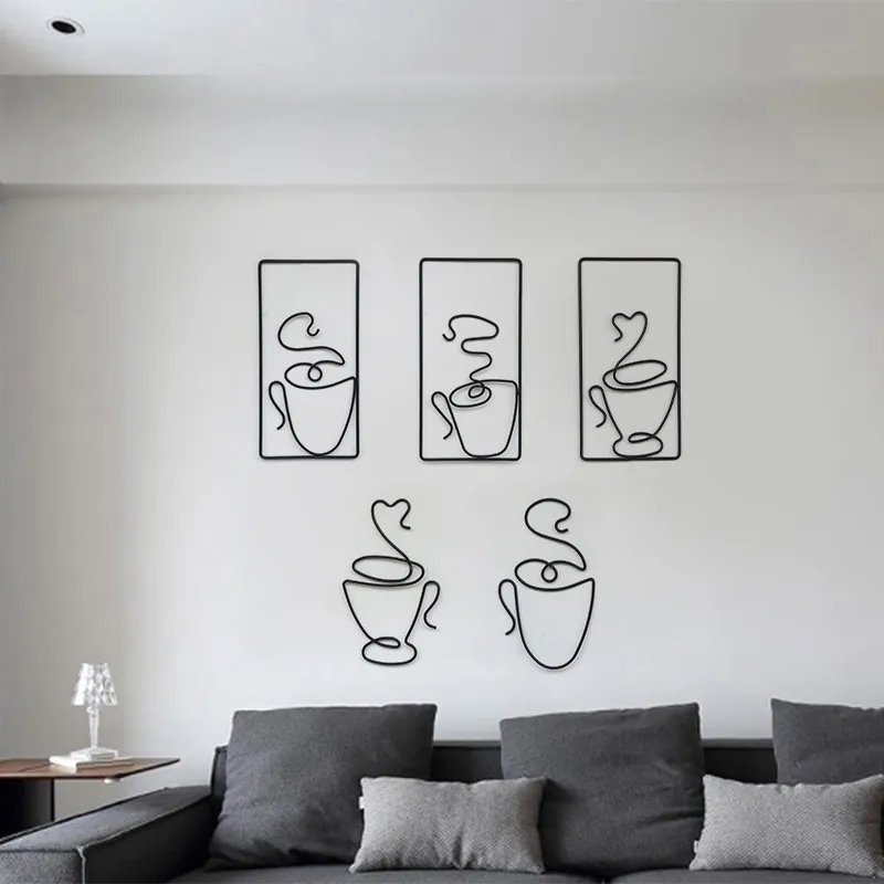 Minimalist Coffee Cup Wall Decor Metal Line Art Modern Abstract Iron Hanging Ornament Home Kitchen Cafe Accessory
