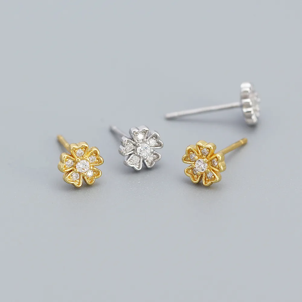 Retro French Flower Stud Earrings With 925 Sterling Silver Earring Post And Zircon Elegant Mini Flower Shape For Women