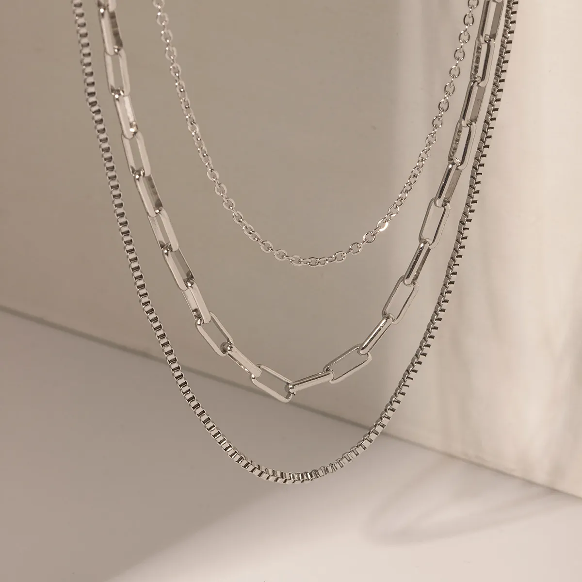 Triple Layer Stainless Steel Necklace Women Fashion Silver Color Multi Layered Paperclip Box Cross Chain Jewelry Gift