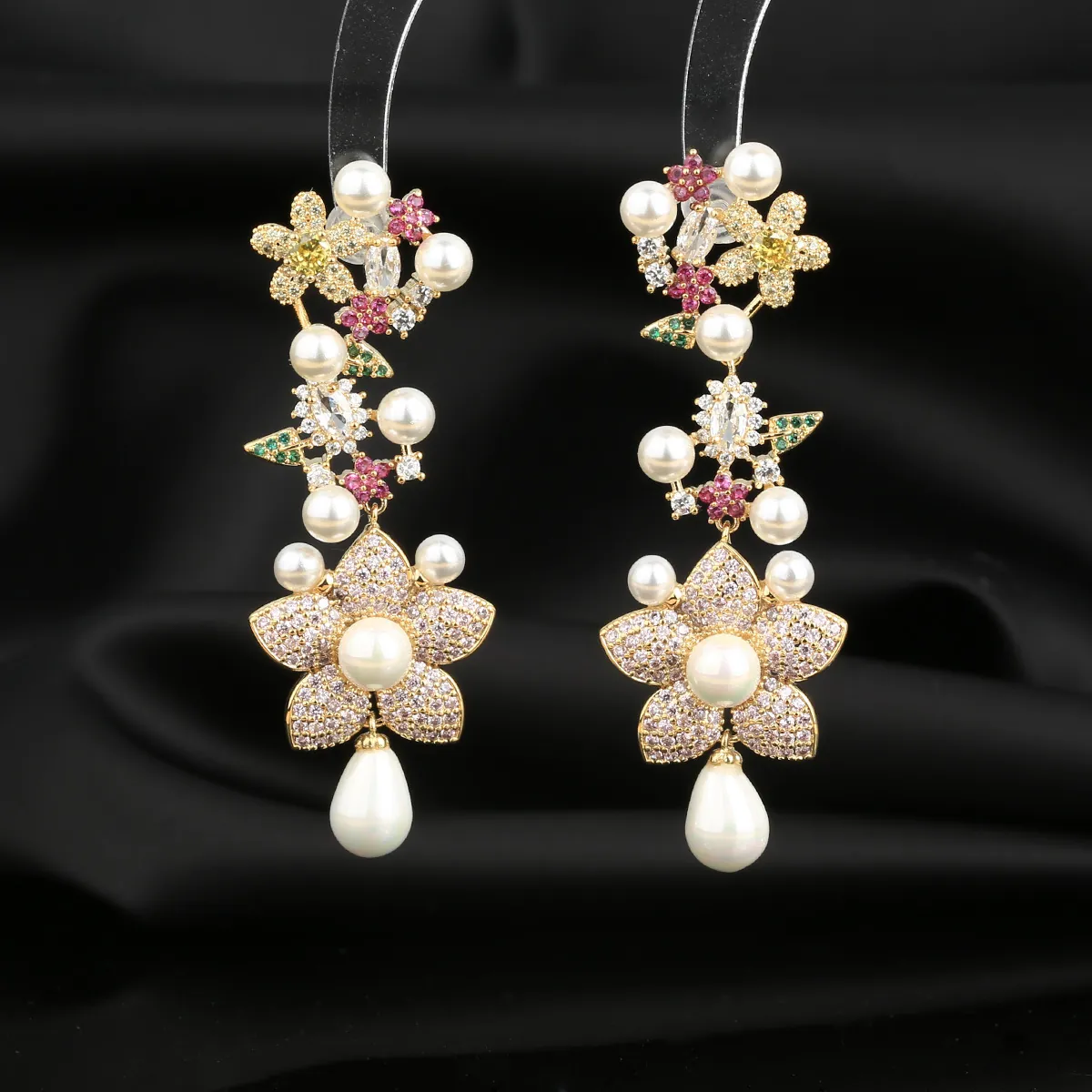 Flower Drop Earrings With Multicolor Zircon Faux Artificial Pearl And 925 Sterling Silver Earring Post Long Tassel Elegant Party