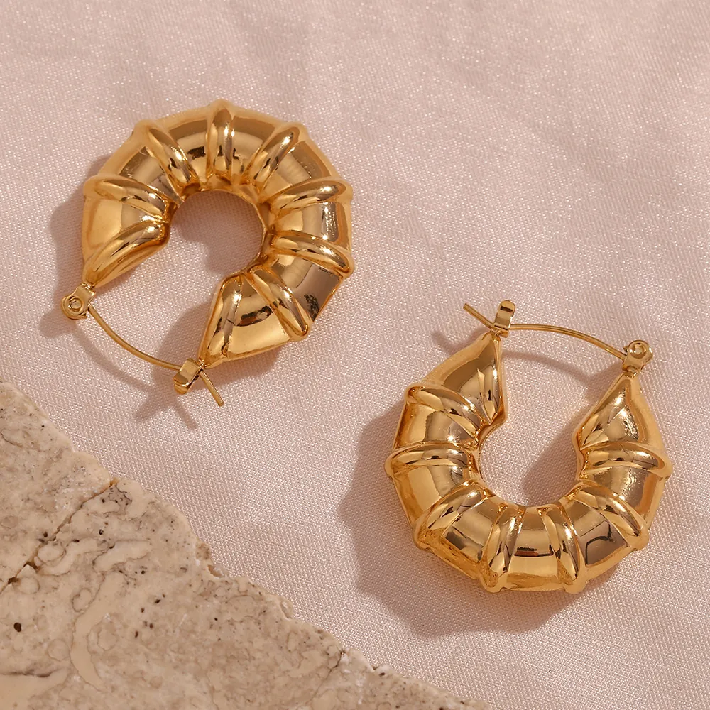 Chunky Hoop Earrings 18K Gold Plated 316L Stainless Steel Croissant Spiral Textured Hollow Design Fashion Jewelry Women