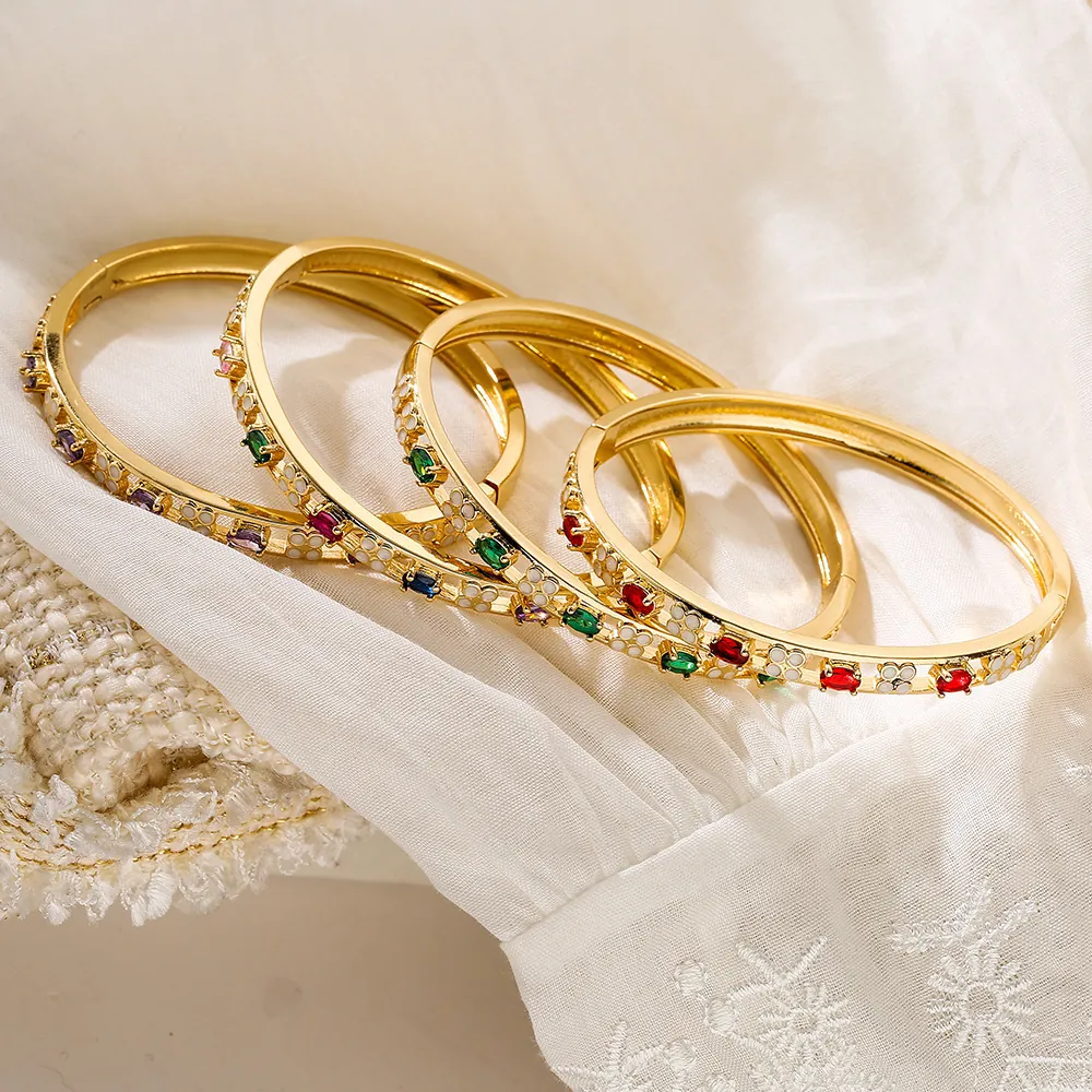Brazalete Pulsera Cobre Chapado En Oro 18K Circonita Esmalte Trébol Flor Joyería De Moda De Lujo Para Mujer
