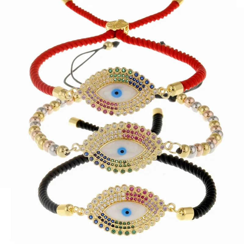 Bracciale Occhio Del Diavolo Rame Placcato Oro Zirconia Cubica Colorata Corda Intrecciata Regolabile Gioielli Boho Per Donna