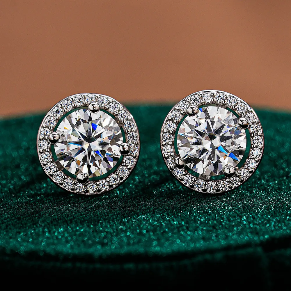 Round Halo Stud Earrings With 925 Sterling Silver Earring Post Moissanite Sparkling Jewelry For Women Wedding Elegant