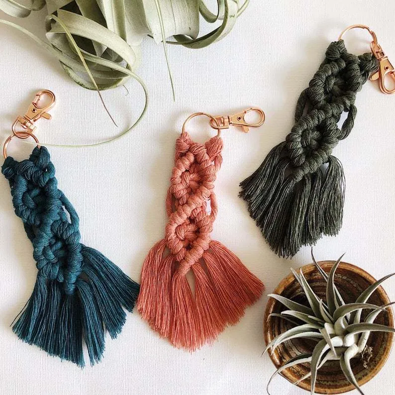 Macrame Keychain Handmade Braided Cotton Rope Tassel Bohemian Style Bag Pendant Accessory With Rose Gold Metal Clasp