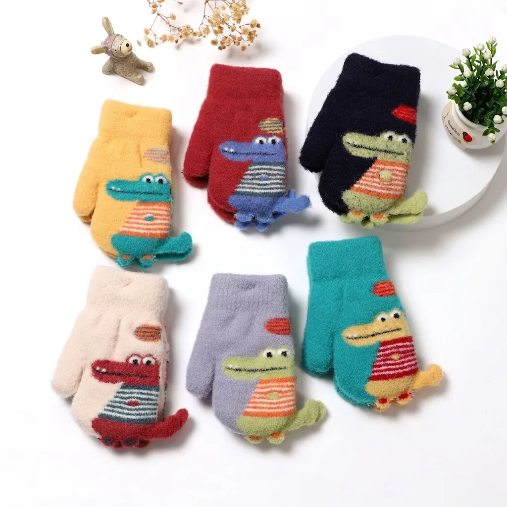 Cute Cartoon Crocodile Kids Mittens Winter Warm Fleece Lined Knit Gloves With Hanging Neck Rope For Boys Girls