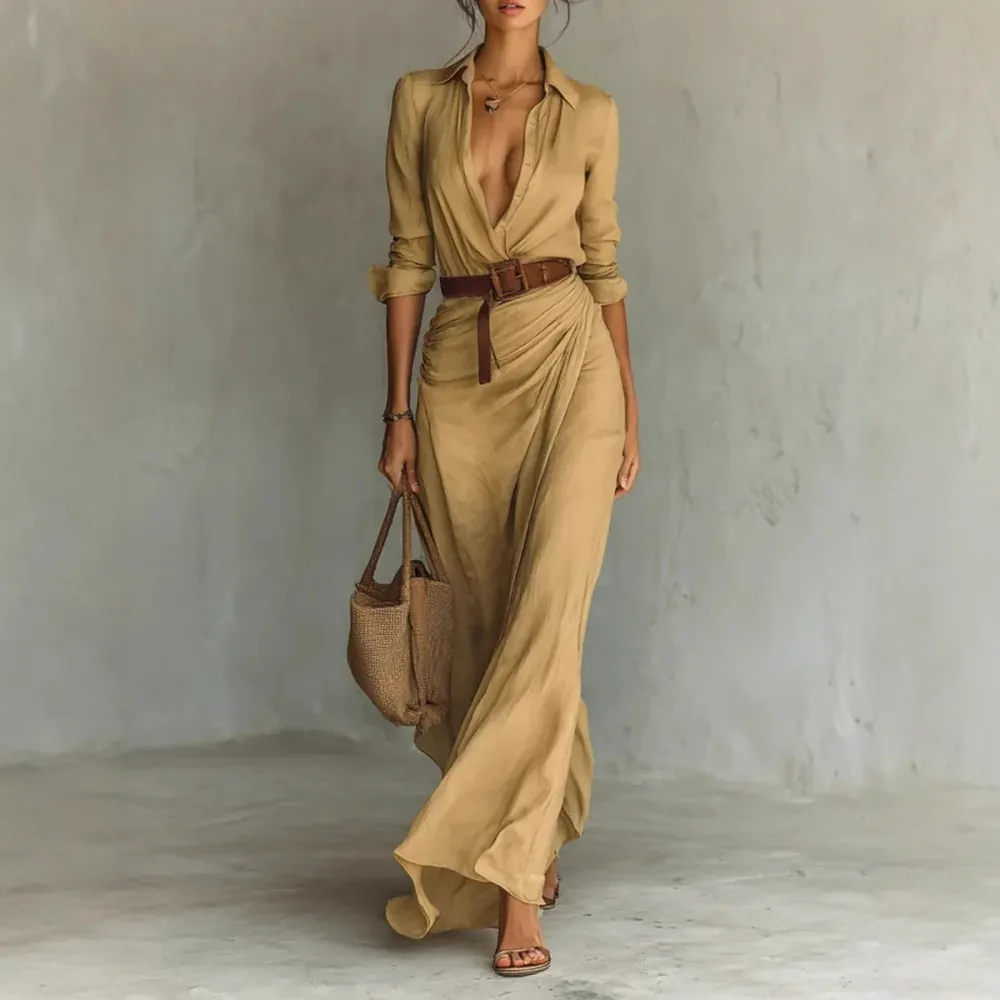 Elegantes Midi-Kleid Für Damen Mit V-Ausschnitt Falten Und Gürtel Lange Ärmel Und Schmale Passform Modische Herbst Party Kleid