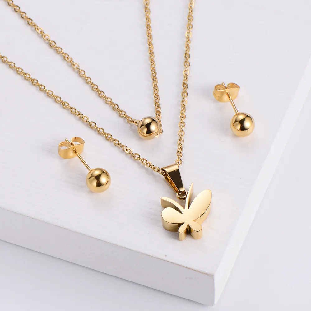 Stainless Steel Jewelry For Women Double Layer Necklace Butterfly Pendant Ball Stud Earrings Polished Fashion Accessory