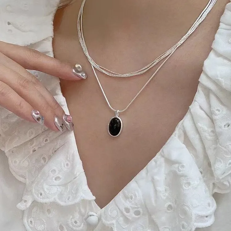 Oval Black Agate Pendant Necklace 925 Sterling Silver Snake Bone Chain French Vintage Minimalist Jewelry For Women