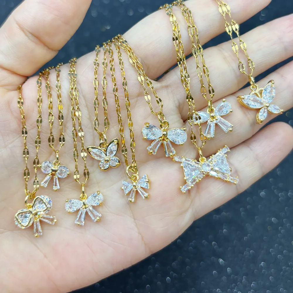 Collier Pendentif Papillon Noeud Zircon Incrusté Bijoux En Laiton Plaqué Or Pour Femmes
