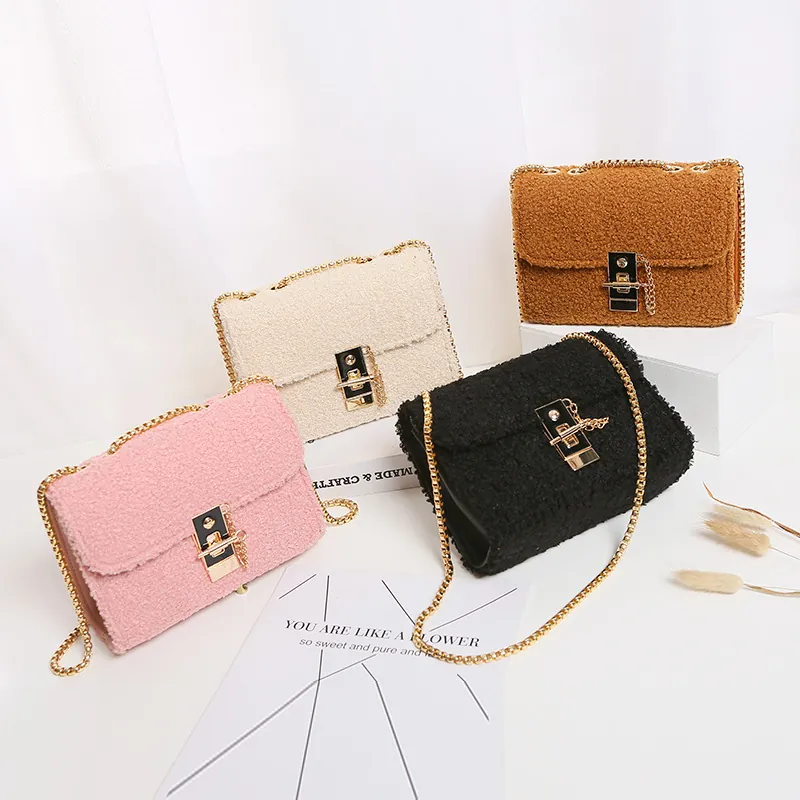 Women Faux Lamb Wool Crossbody Bag Plush Small Square Shoulder Purse Gold Chain Strap Metal Lock