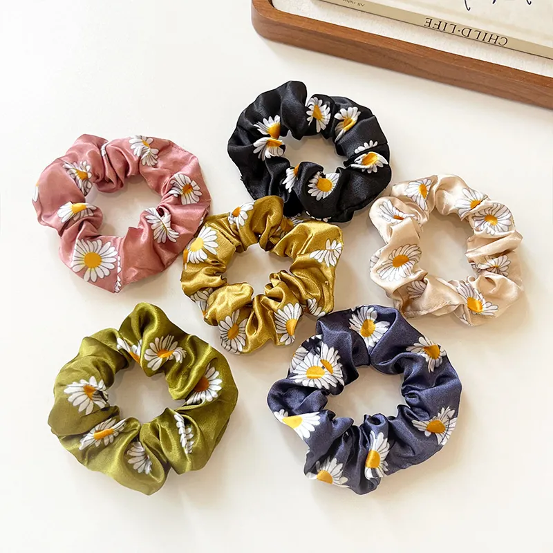 Daisy Printed Satin Satin Scrunchies Elastic Hair Ties Fresh Sweet Korean Style Hair Accessories For Women Girls