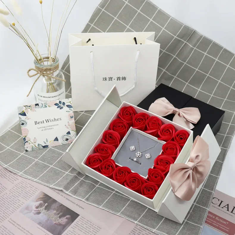 Cardboard Jewelry Packaging Case With Soap Roses And Pink Satin Ribbon Bow Including Tote Bag And Greeting Card