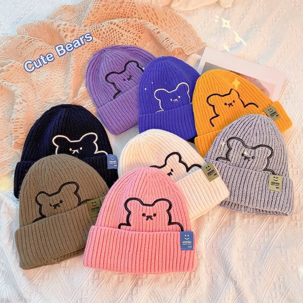 Cute Cartoon Bear Embroidered Beanie Hat Winter Warm Knit Cuffed Skull Cap For Women Casual Outdoor Fashion Headwear