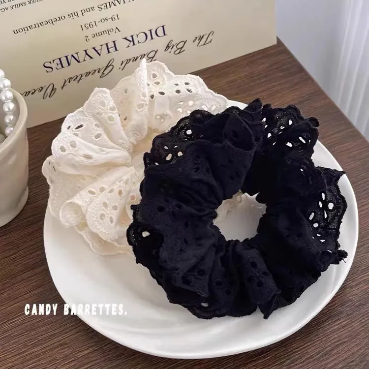Lace Scrunchies Large Hair Ties Cotton Embroidery Hollow Out Scalloped Edge French Vintage Style Hair Accessories For Women