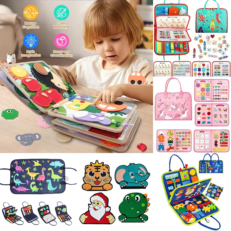 Montessori Busy Board Felt Sensory Toy For Toddlers Preschool Learning Fine Motor Skills Travel Handbag Educational