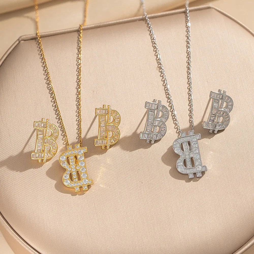 Gioielli Collana E Orecchini Simbolo Bitcoin Rame Zircone Iced Out Bling Accessori Moda Da Donna