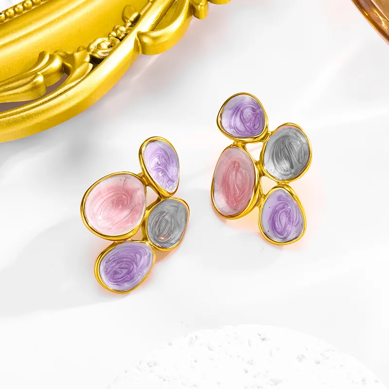 Vintage 18K Gold Plated Stainless Steel Colorful Enamel Water Drop Earrings For Women Irregular Drip Oil Geometric Jewelry