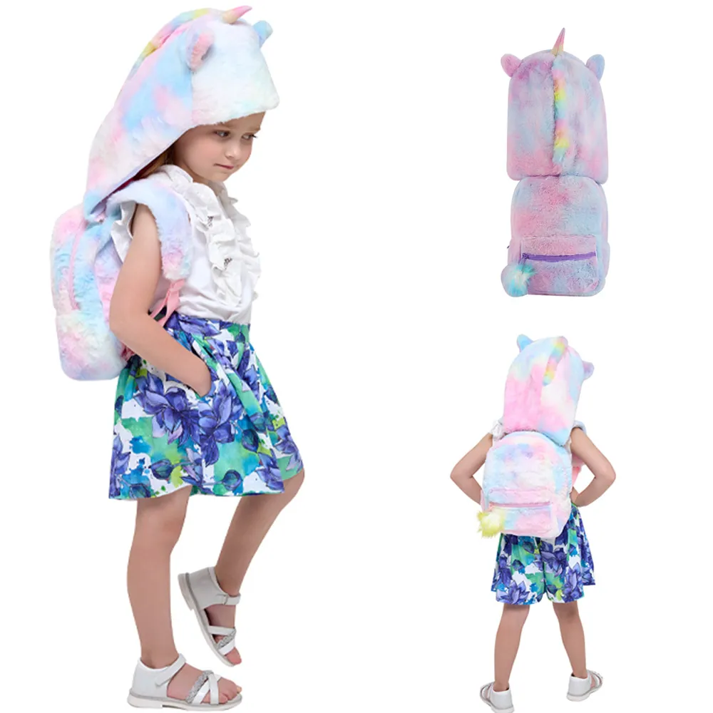 Kinder Plüschrucksack Mit Abnehmbarer Einhornkapuze Batiken Bunte Schultasche Für Mädchen Kleinkind Kindergarten Bommel